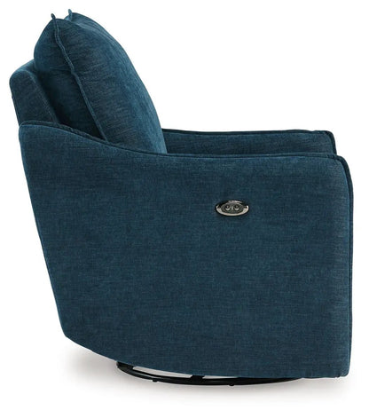 Mcburg Swivel Power Recliner in blue textured fabric with side power control panel on Tampa Home & Garden Store