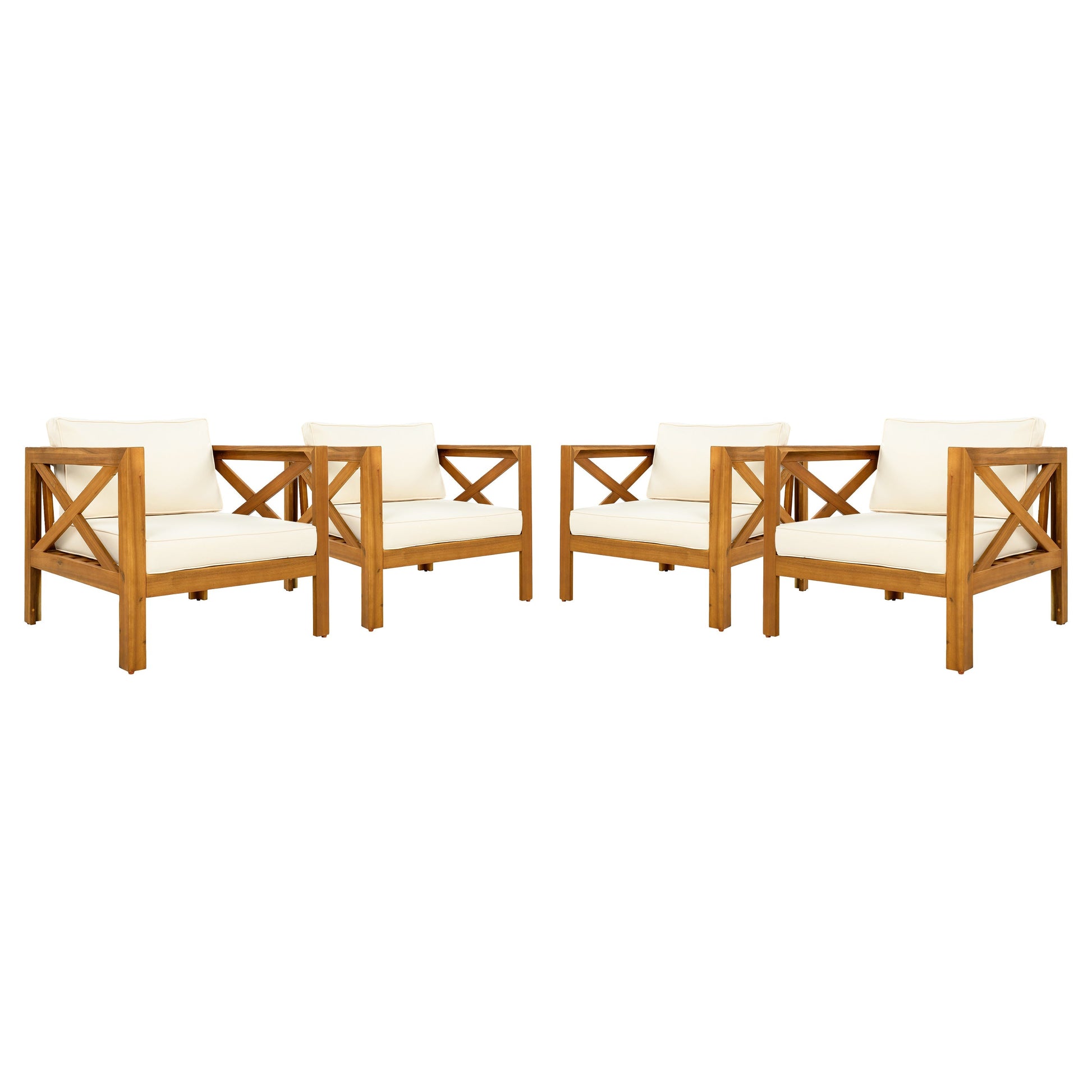 Patio club chairs set by HouseOfZazla with beige cushions and acacia wood frames; 6 chairs on Tampa Home & Garden Store