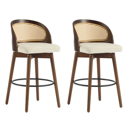 Como Wood Barstools 2pc set with rattan backrests, dark frame and beige cushions on Tampa Home & Garden Store