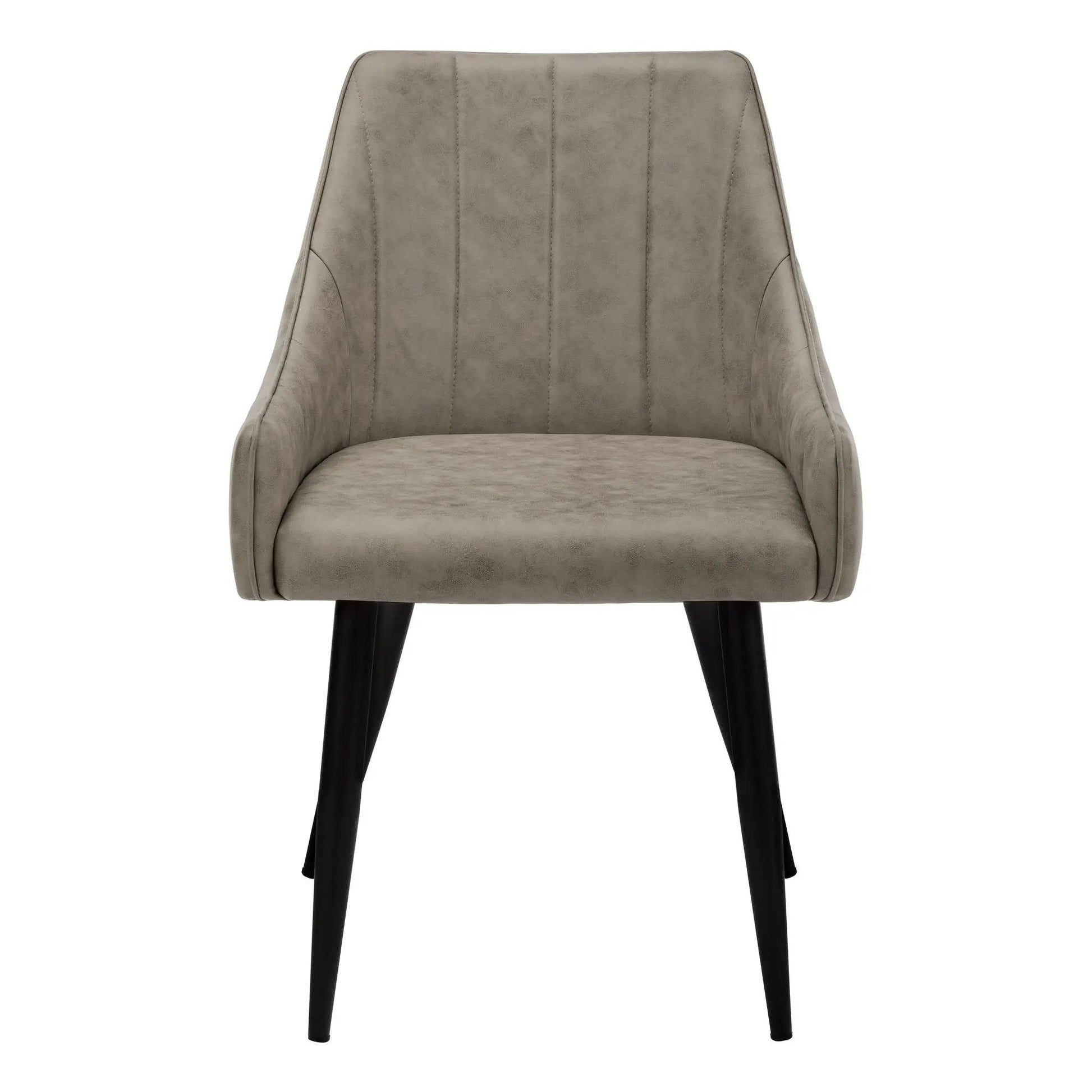 Upholstered side dining chair in taupe faux suede with black legs on Tampa Home & Garden Store
