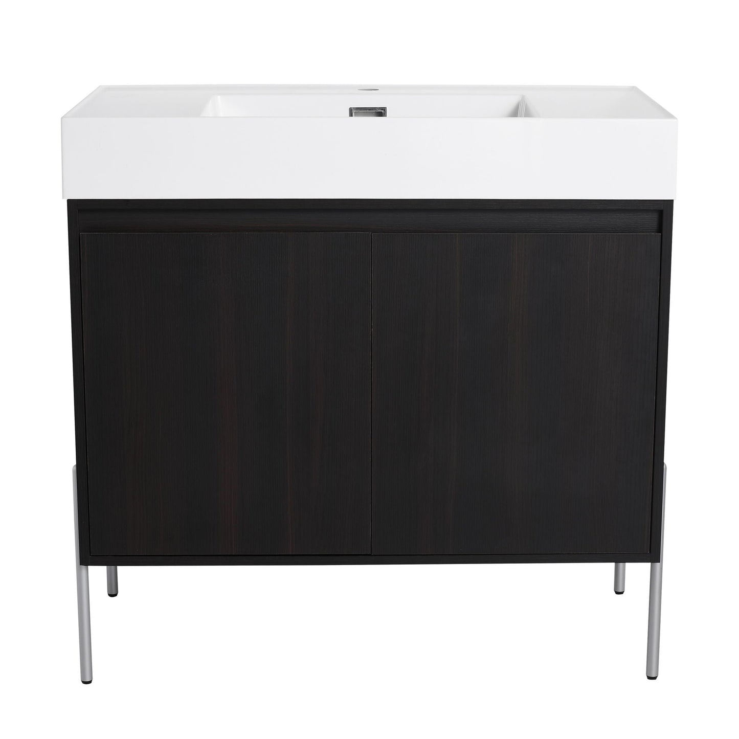 Freestanding vanity by HouseOfZazla with white resin sink and dark wood cabinet on metal legs on Tampa Home & Garden Store