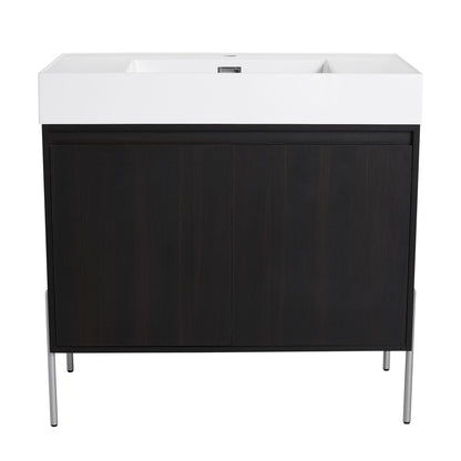 Freestanding vanity by HouseOfZazla with white resin sink and dark wood cabinet on metal legs on Tampa Home & Garden Store