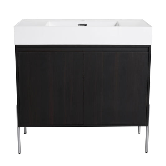 Freestanding vanity by HouseOfZazla with white resin sink and dark wood cabinet on metal legs on Tampa Home & Garden Store
