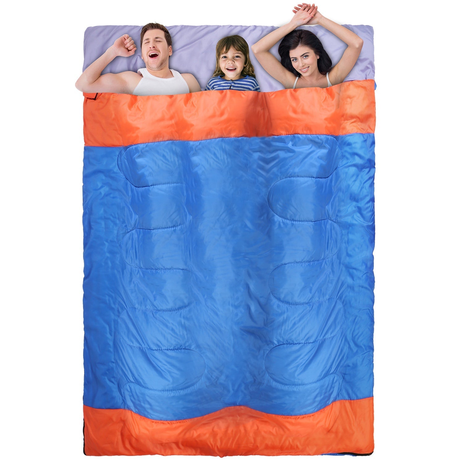 GemGear 3-person sleeping bag for adults; orange top, blue body, purple interior with three people inside on Tampa Home & Garden Store