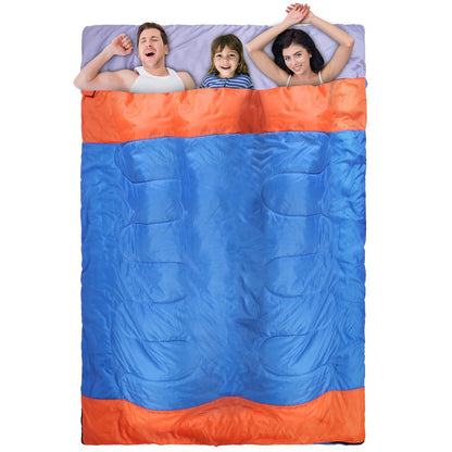 GemGear 3-person sleeping bag for adults; orange top, blue body, purple interior with three people inside on Tampa Home & Garden Store