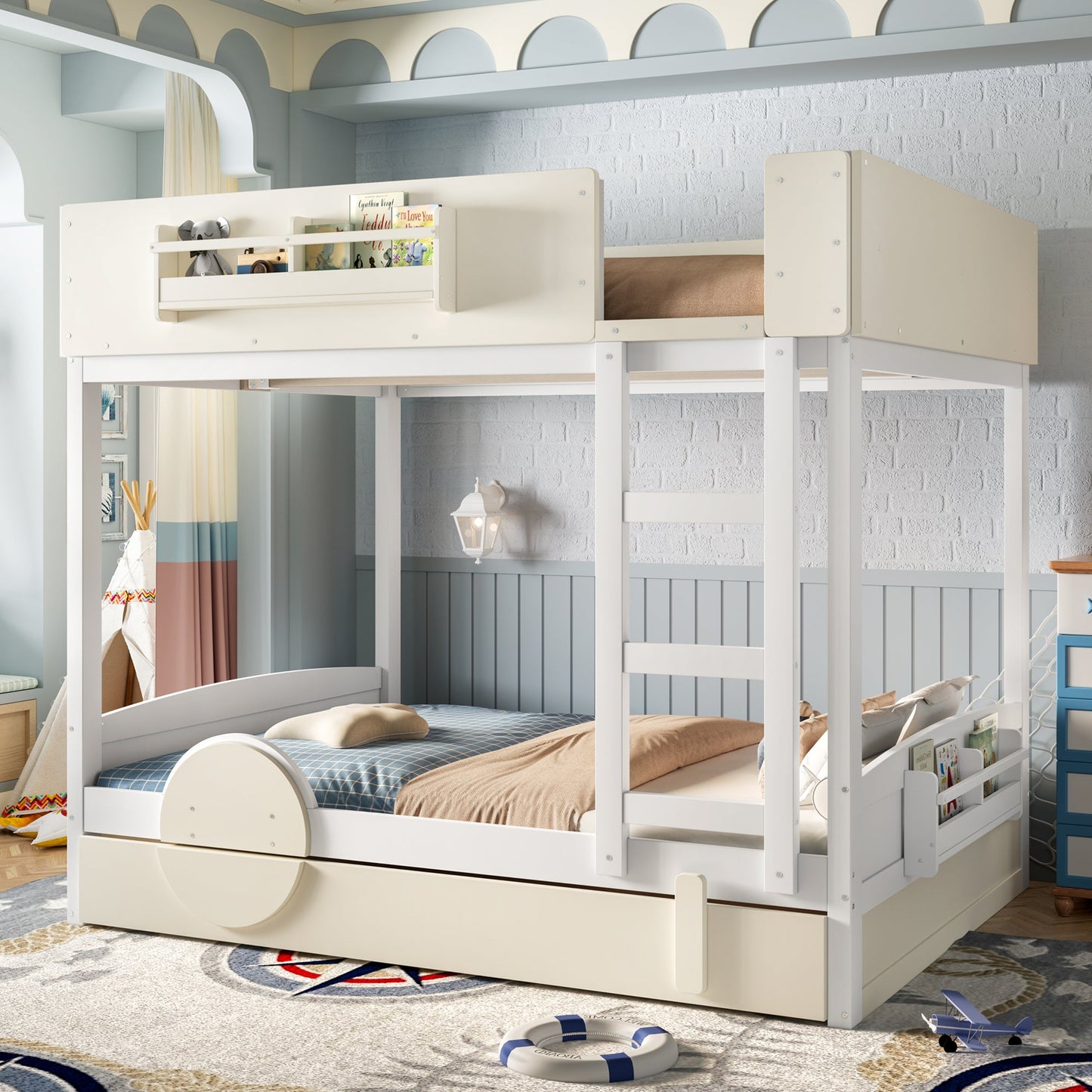 Full Bunk Bed with Trundle and Pine Bookshelf