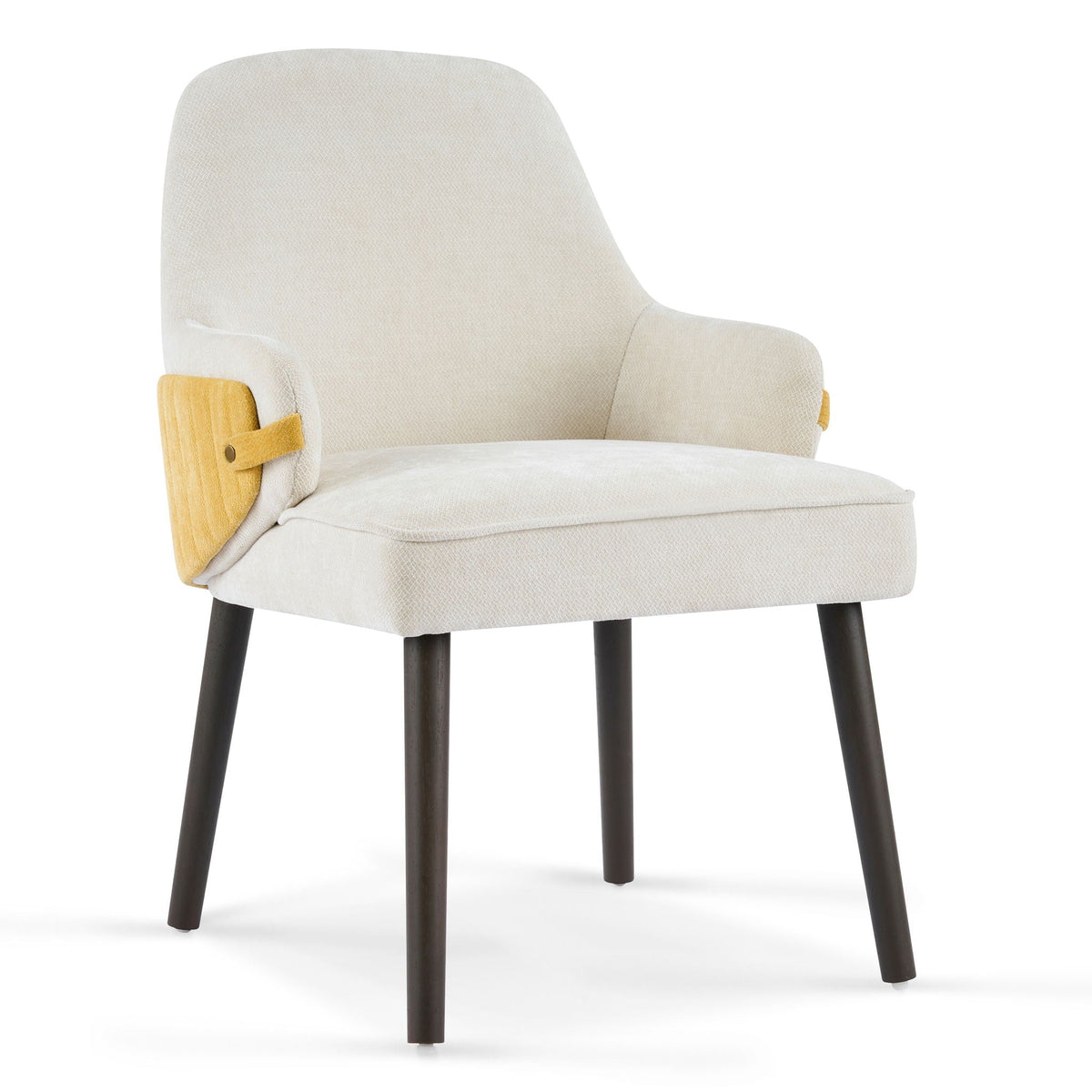 Indoor dining chair set of 2 beige fabric upholstery with natural wood armrests and dark legs on Tampa Home & Garden Store