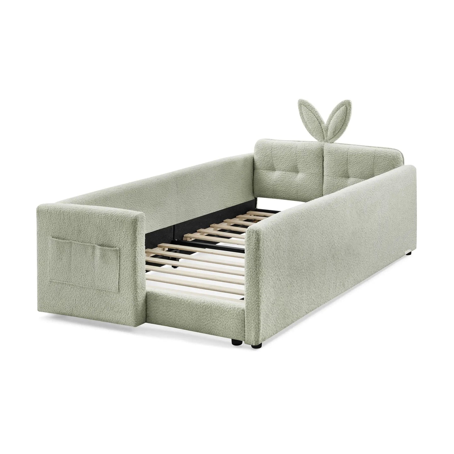 Rabbit-ear upholstered platform bed frame in sage green boucle by Unique Piece Furniture on Tampa Home & Garden Store