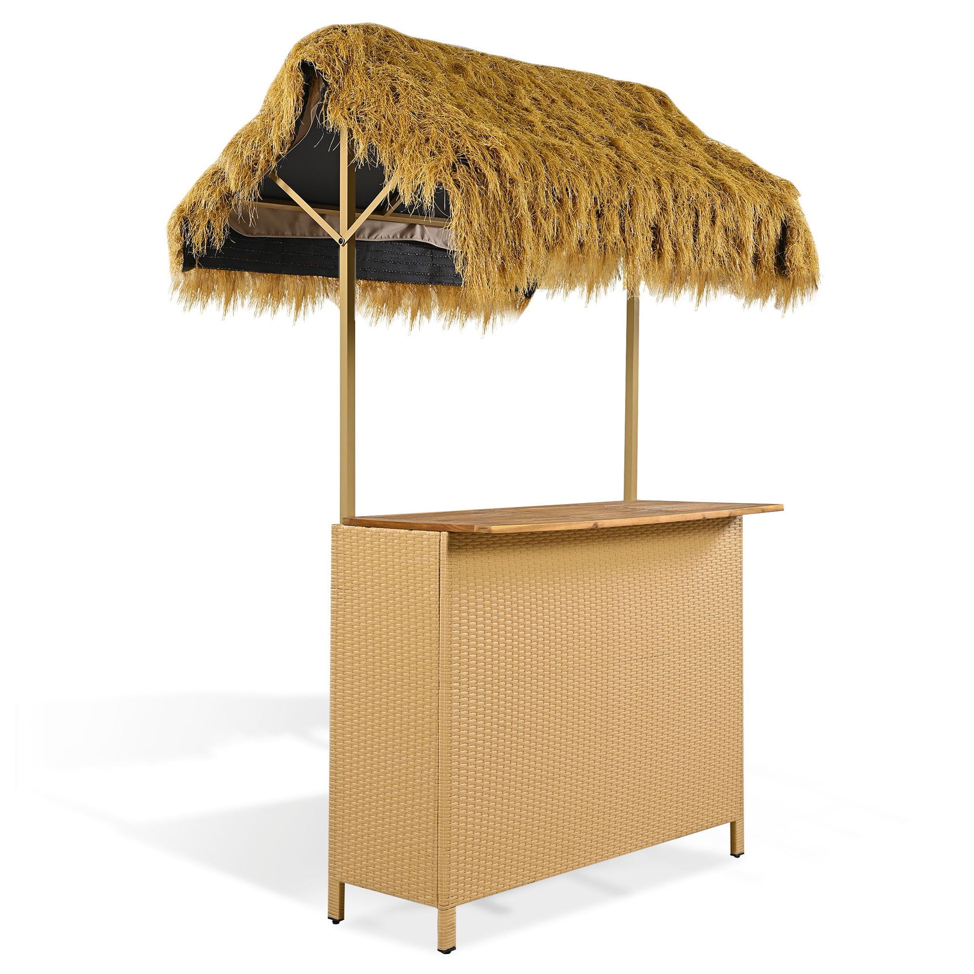 Hawaiian-Style Bar Height Patio Set with PE Grass Canopy, 3-piece wicker set with gold frame on Tampa Home & Garden Store