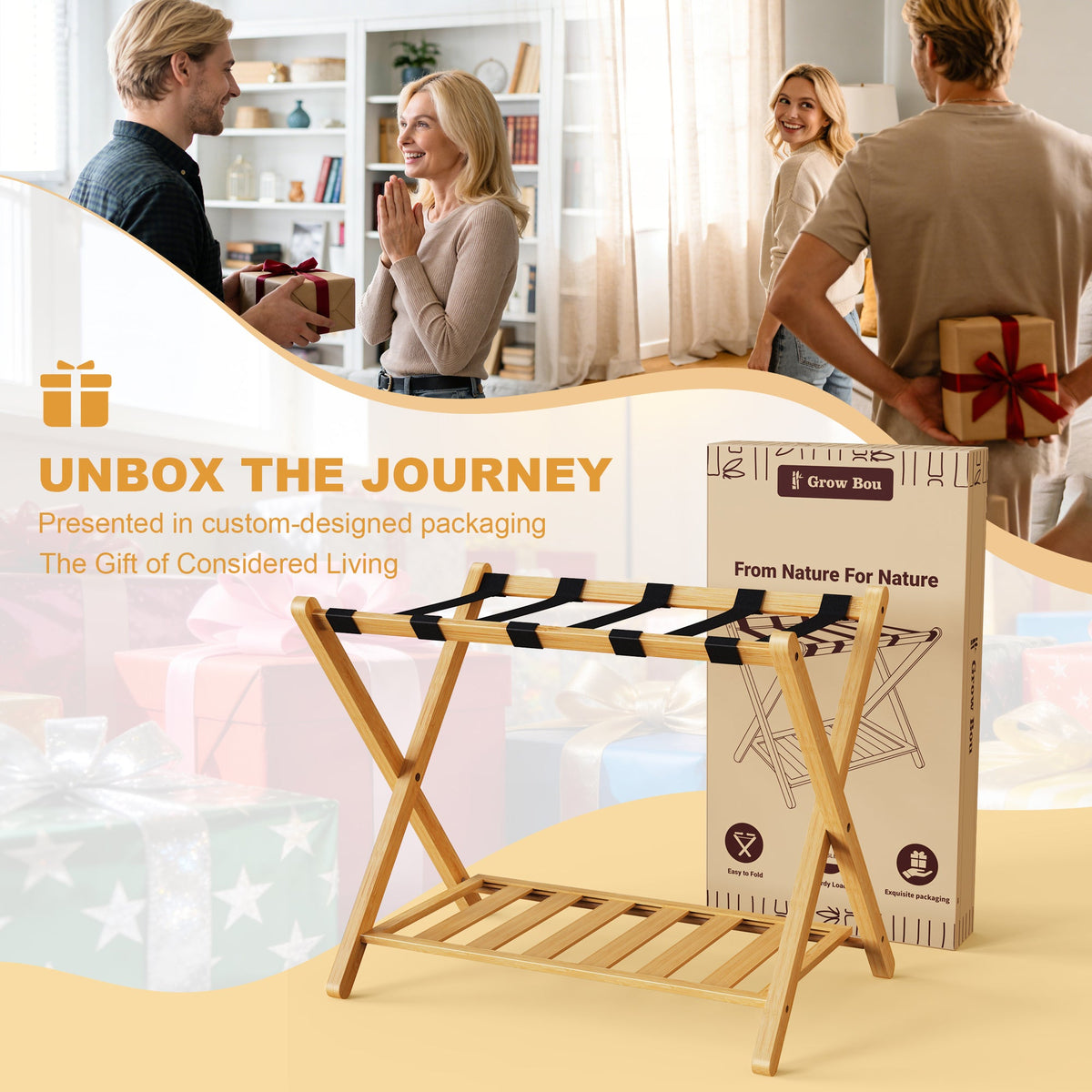 Folding bamboo luggage rack with lower storage shelf, collapsible by HouseOfZazla on Tampa Home & Garden Store