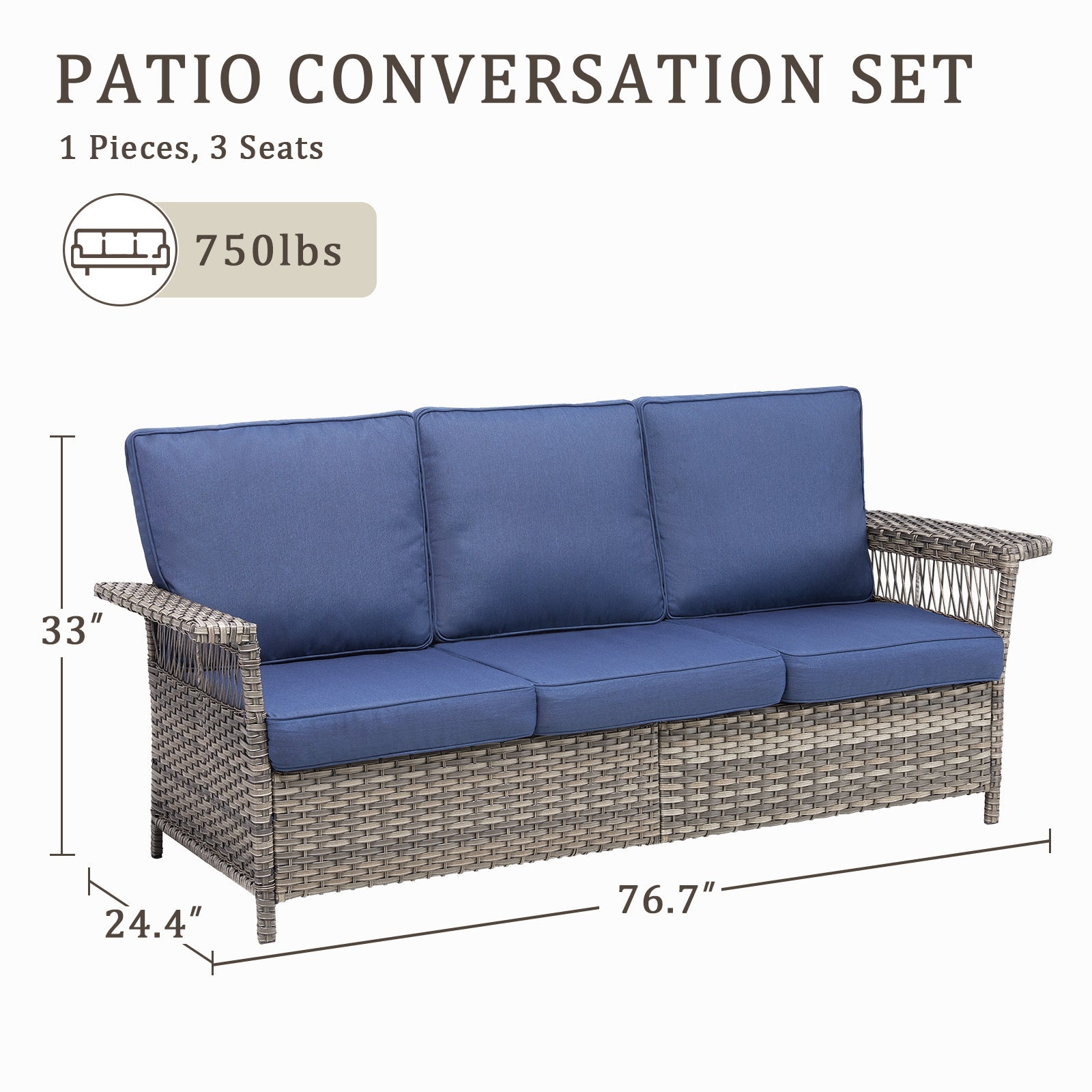Patio sofa: HouseOfZazla 3-seat outdoor wicker with blue cushions and armrests on Tampa Home & Garden Store