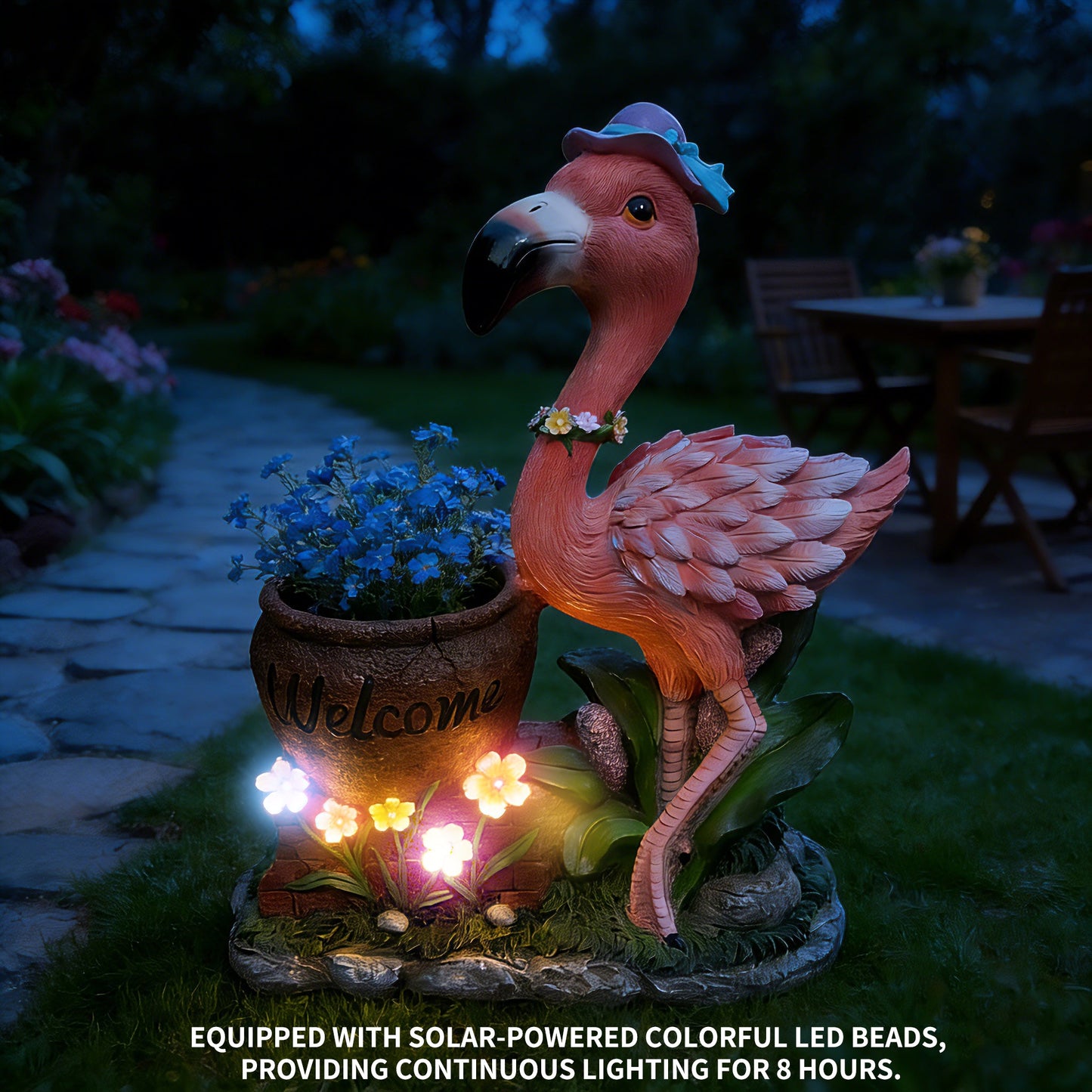 Flamingo flower pot planter statue with pink finish and LED bead lights on Tampa Home & Garden Store