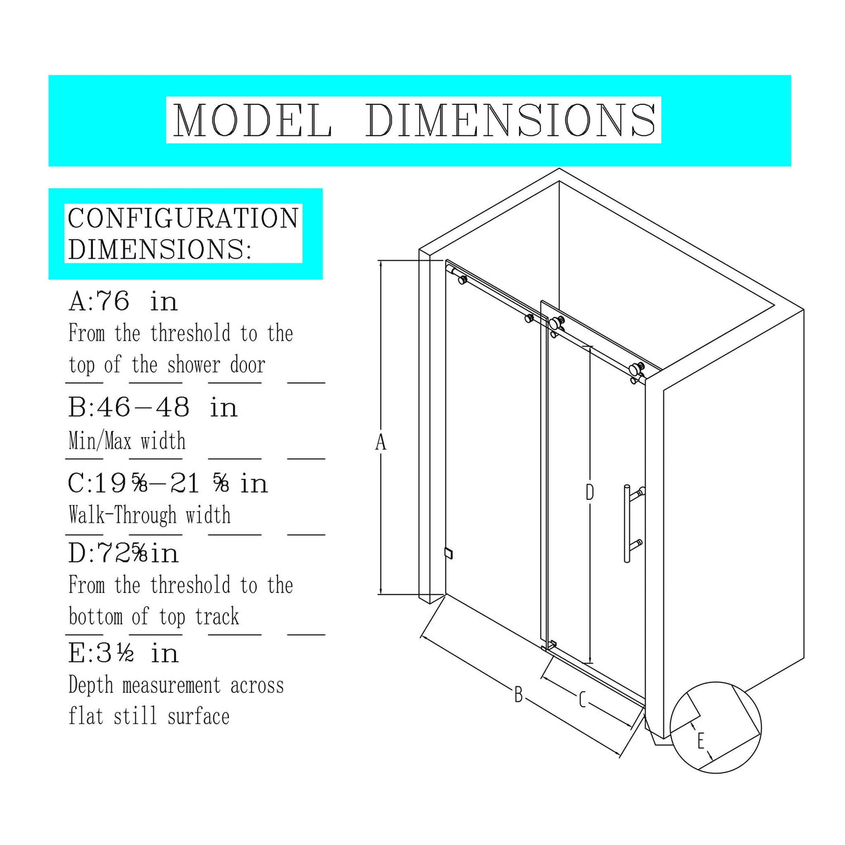 Frameless single sliding soft-close shower door by HouseOfZazla blueprint dimensions diagram on Tampa Home & Garden Store