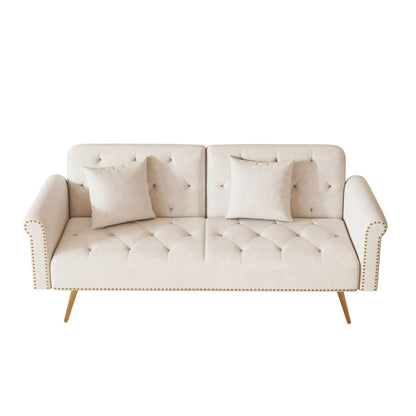 Luxurious sofa bed futon with nail-head trim and beige tufted upholstery on Tampa Home & Garden Store