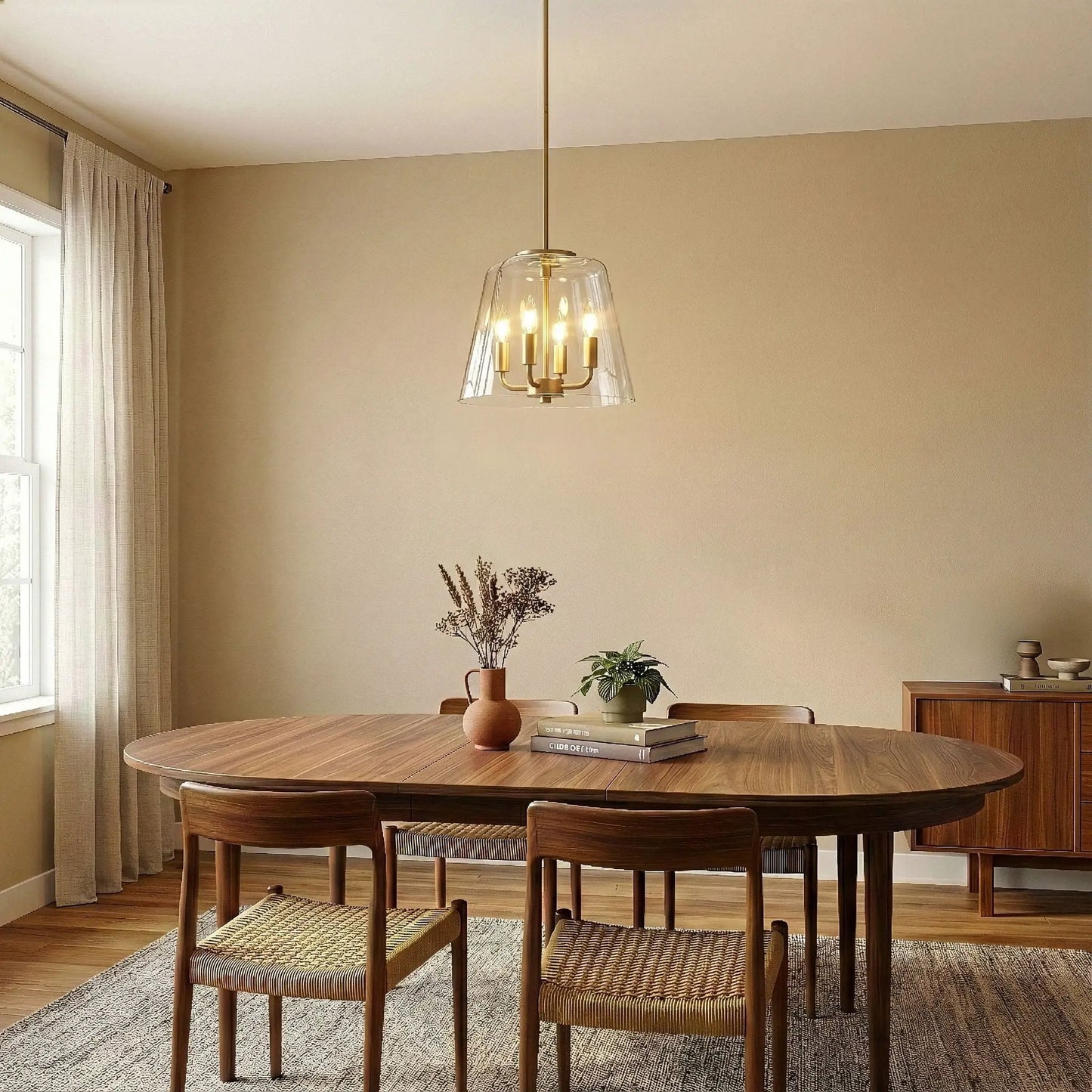 Soiree 4-Candle Lights Pendant by Unique Piece Furniture, brass finish with glass shade on Tampa Home & Garden Store