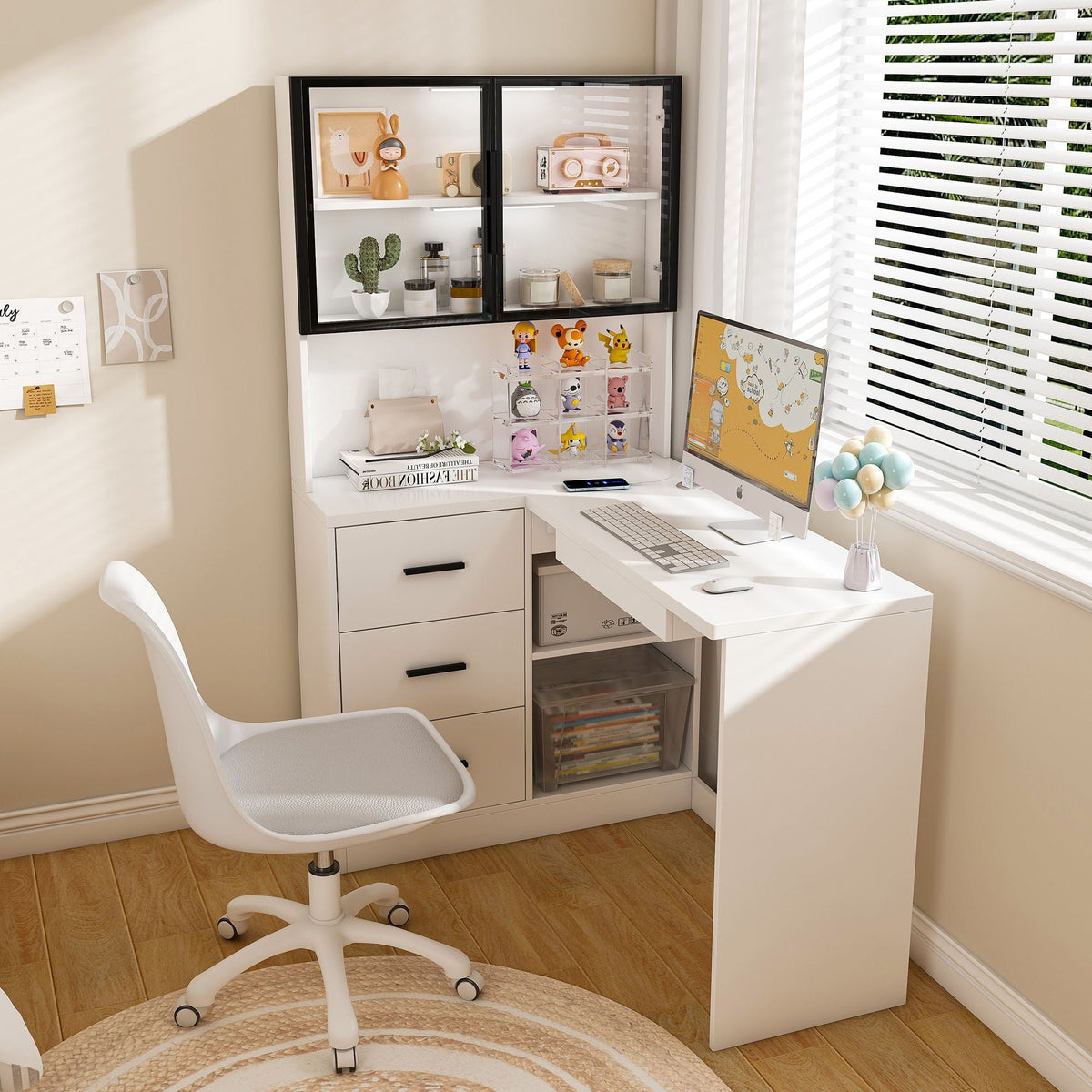 L-Shaped desk with glass cabinets and USB ports, white finish, HouseOfZazla corner desk on Tampa Home & Garden Store