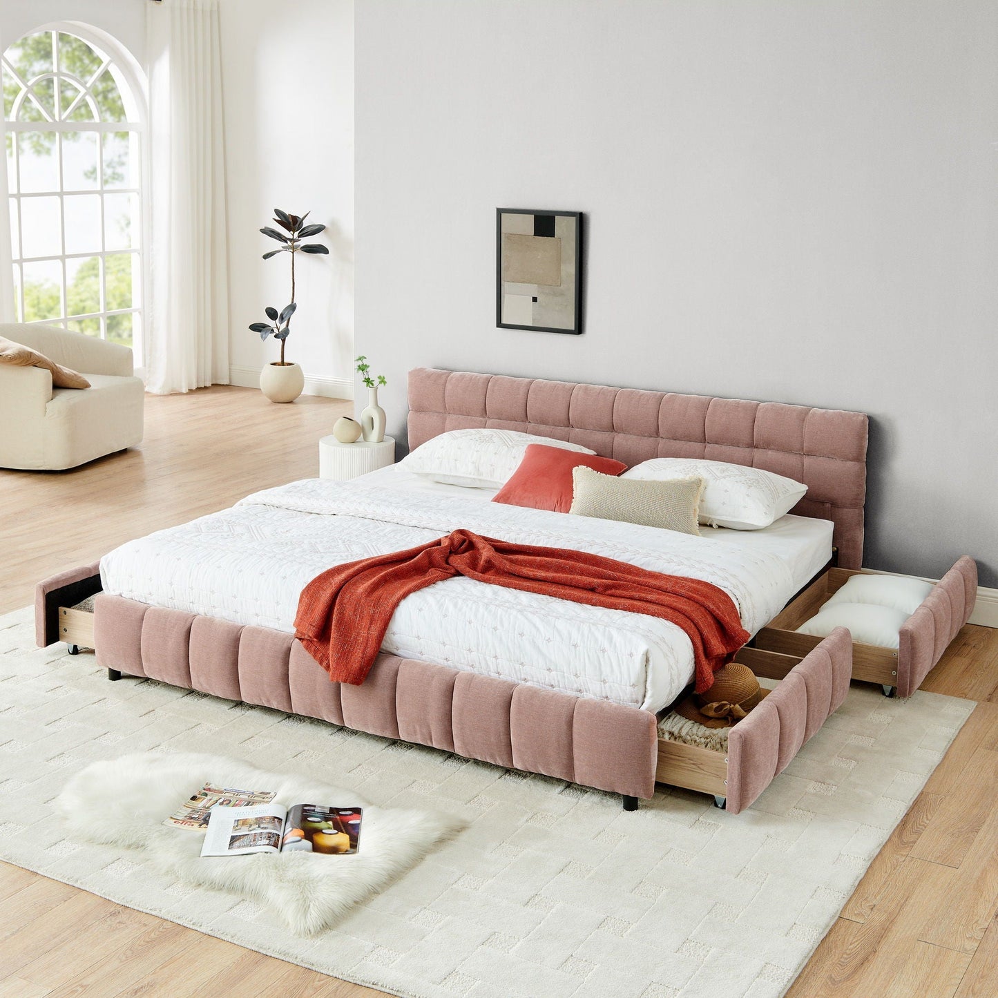 Modern Platform Bed and Thick Fabric Headboard