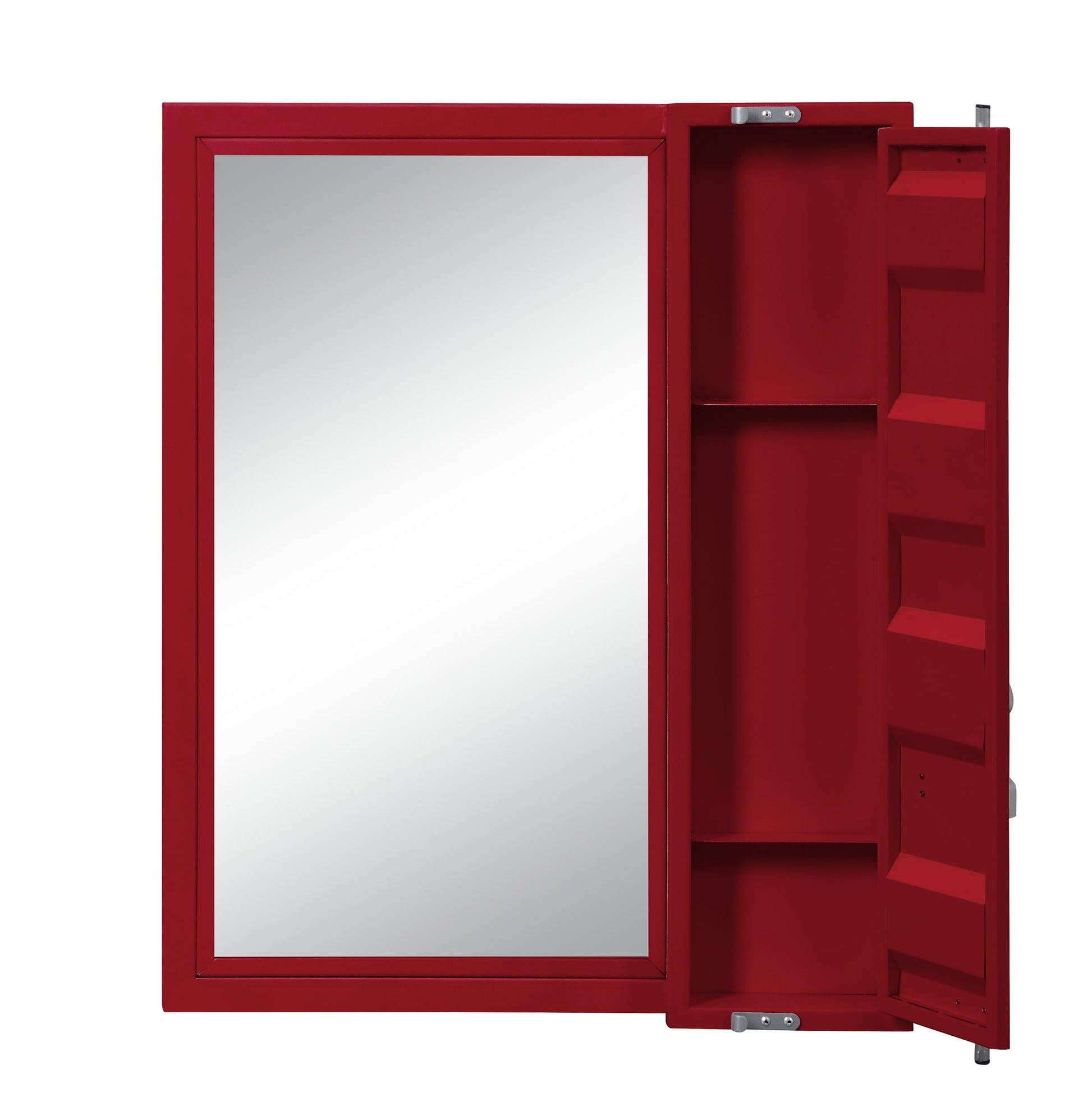 Cargo Vanity Mirror by HouseOfZazla, red storage trunk with mirror and open-door shelves on Tampa Home & Garden Store
