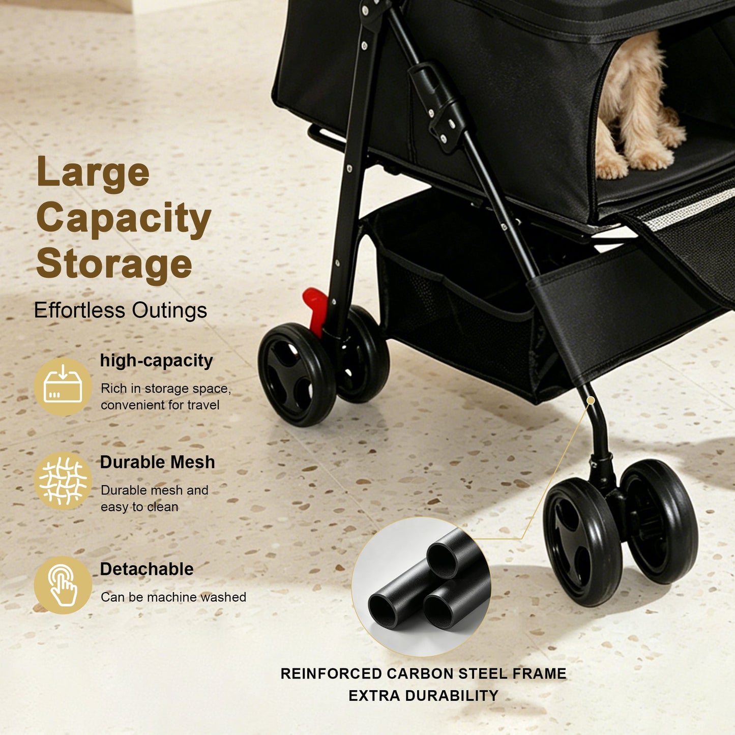 Foldable Pet Stroller for small dogs and cats under 28 lbs, HouseOfZazla, black frame on Tampa Home & Garden Store
