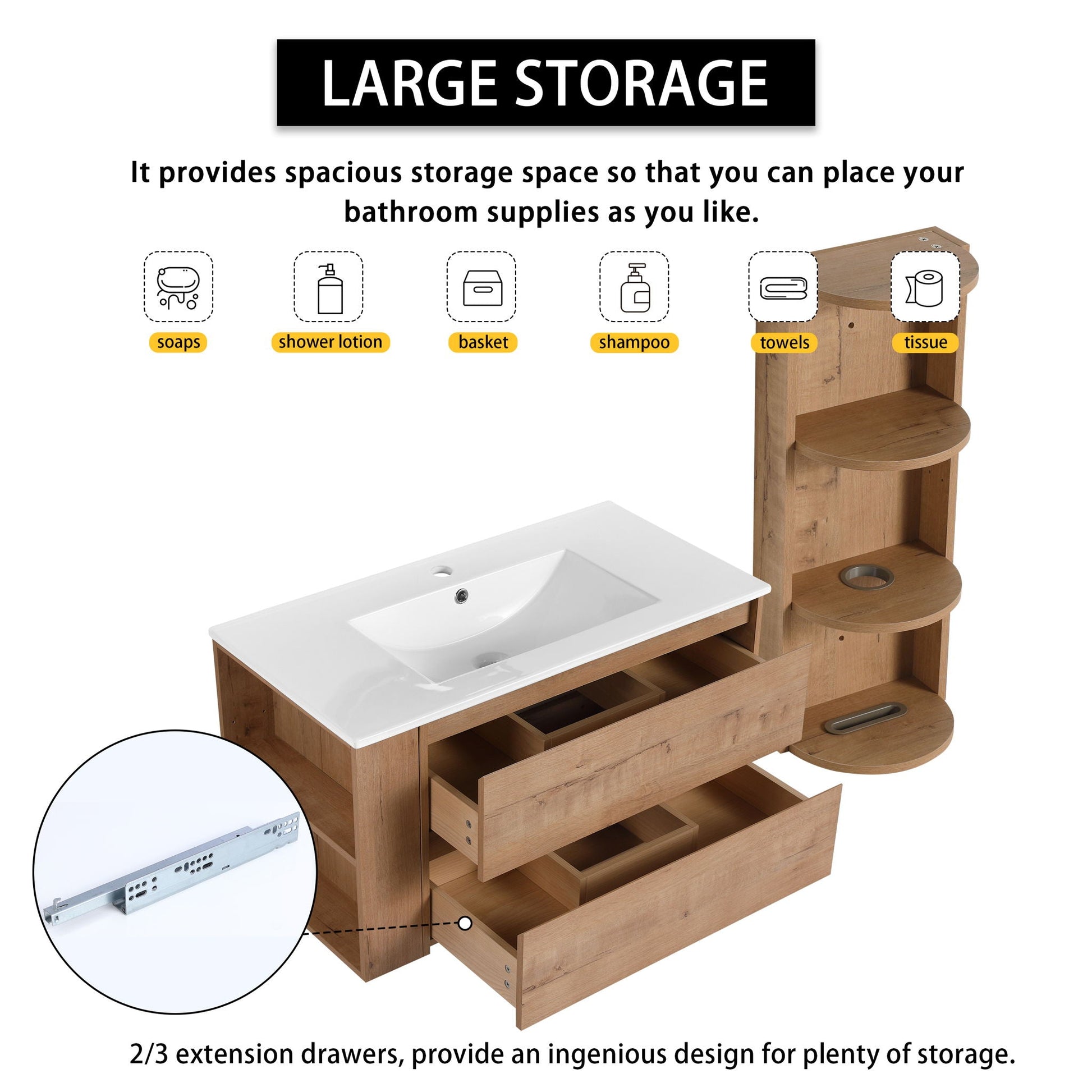 Modern wall-mounted bathroom vanity with ceramic sink and wood finish storage rack HouseOfZazla on Tampa Home & Garden Store