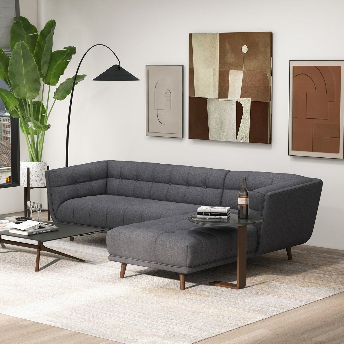 L-shaped tufted sectional sofa dark gray with mid-century design by HouseOfZazla on Tampa Home & Garden Store