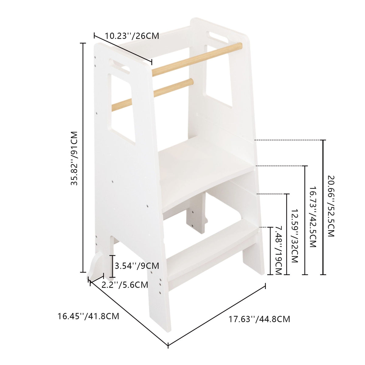 Standing Tower kitchen step stool for toddlers, white with natural wood rails, adjustable height on Tampa Home & Garden Store