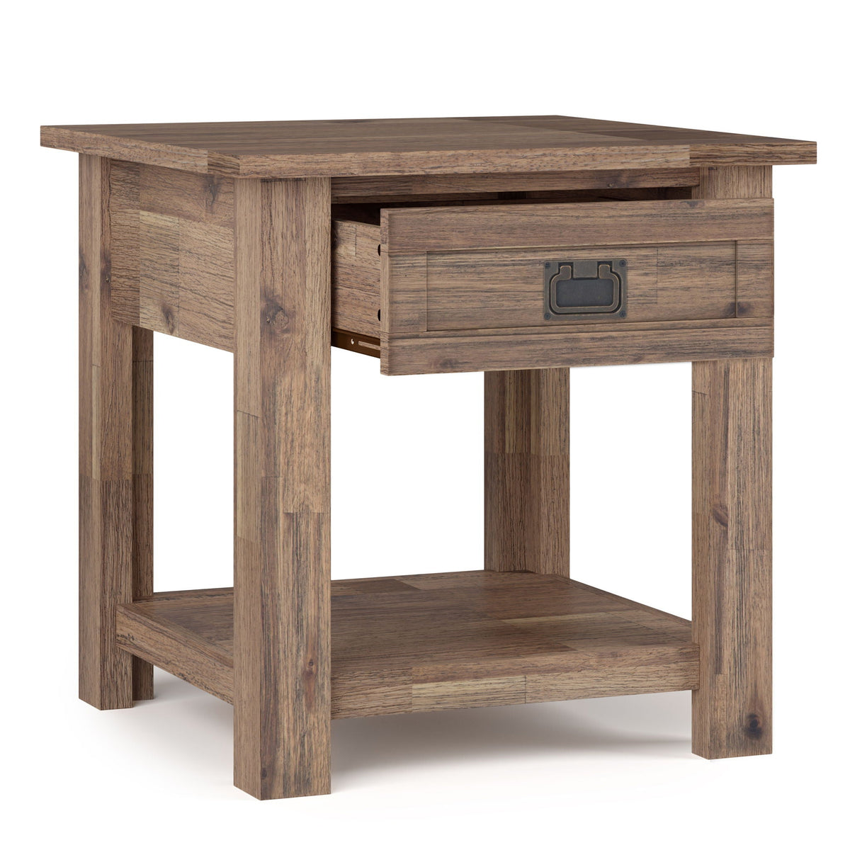 Monroe Solid Acacia Side Table rustic brown wood with open drawer and shelf by HouseOfZazla on Tampa Home & Garden Store