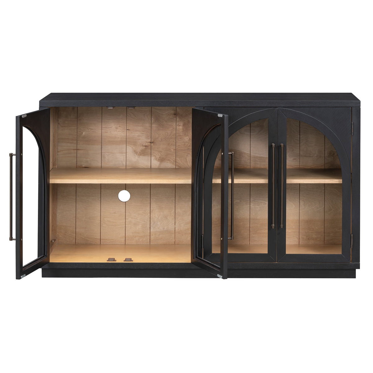 Black 4-door storage sideboard with arched glass doors and natural wood interior shelves on Tampa Home & Garden Store