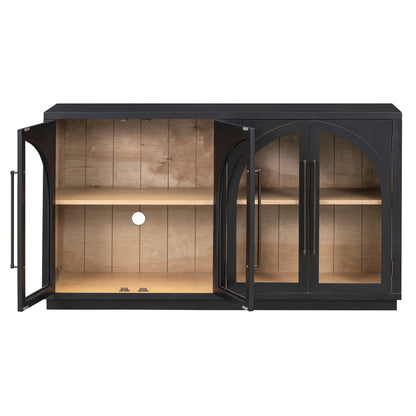 Black 4-door storage sideboard with arched glass doors and natural wood interior shelves on Tampa Home & Garden Store
