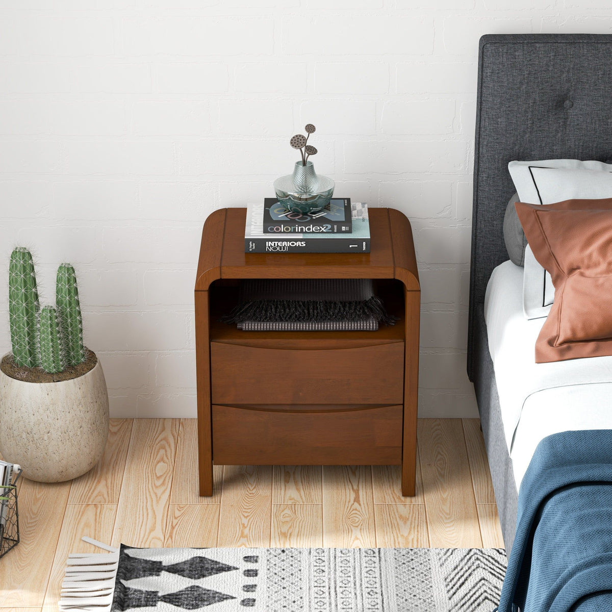 Brown solid-wood 2-drawer nightstand with warm finish and open shelf on Tampa Home & Garden Store