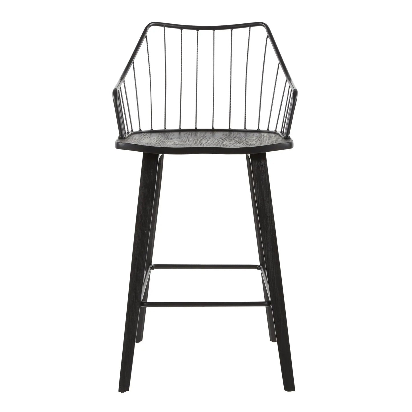 Winston Farmhouse Counter Stool with black metal wire back and weathered gray wood seat on Tampa Home & Garden Store