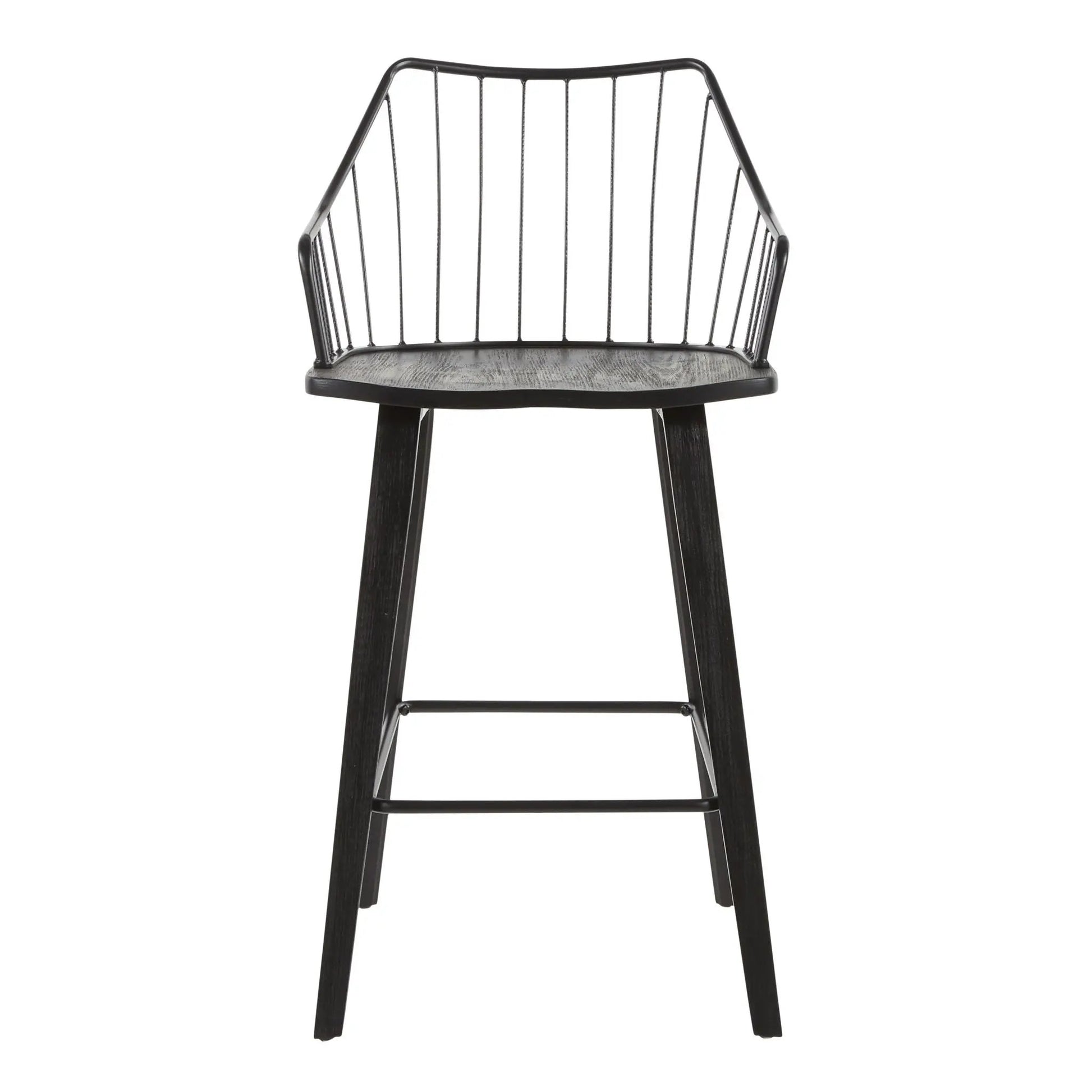 Winston Farmhouse Counter Stool with black metal wire back and weathered gray wood seat on Tampa Home & Garden Store