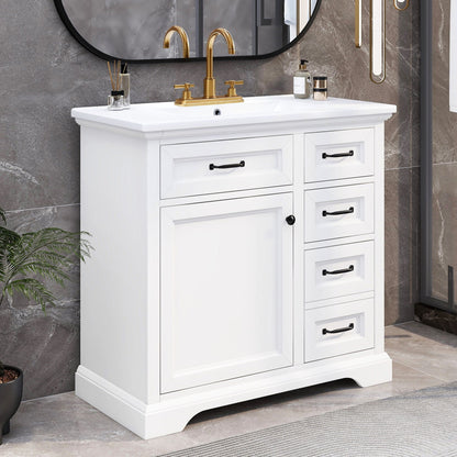 36-inch white bathroom vanity with sink and brass faucet hardware on Tampa Home & Garden Store