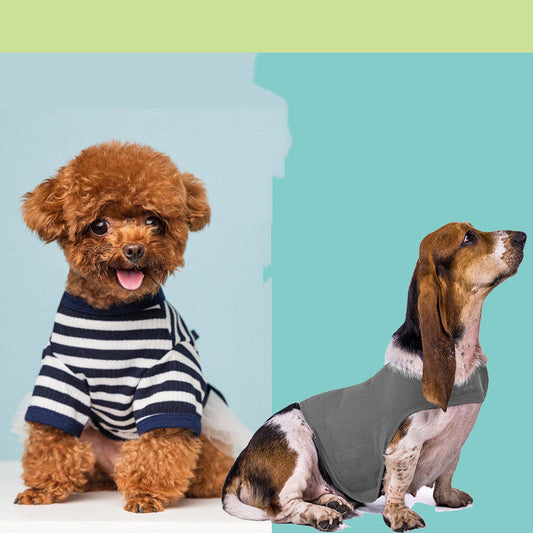 Pet Zen Anxiety Jacket Vest for dogs and cats, gray vest on a dachshund and striped navy sweater on a poodle on Tampa Home & Garden Store