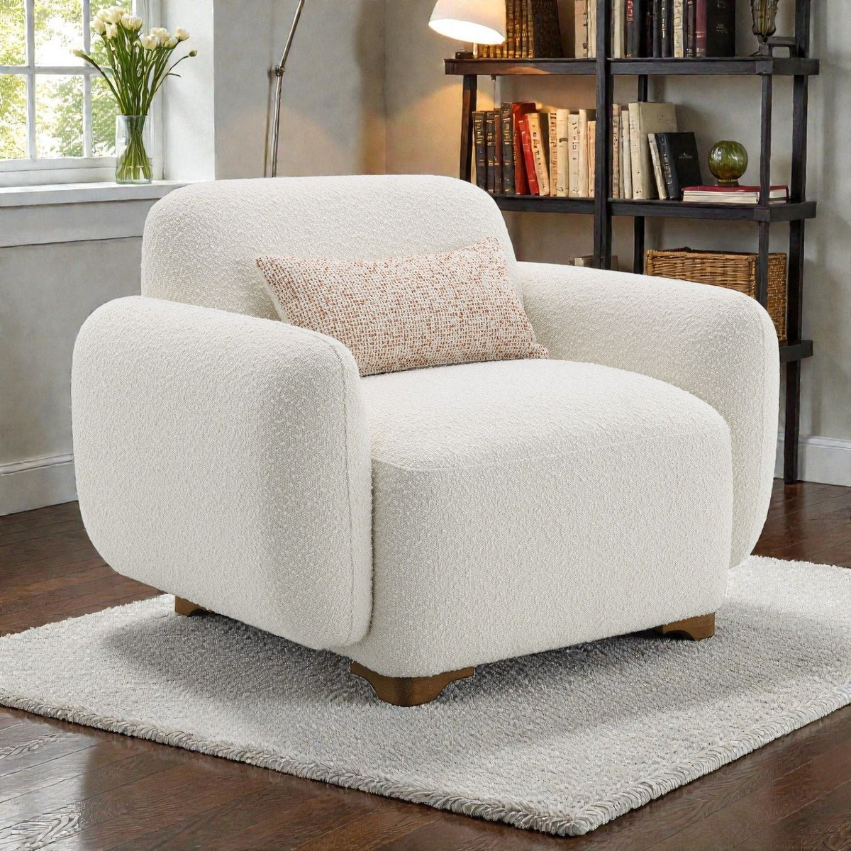 Boucle Accent Chair with Toss Pillow Beige textured boucle fabric, rounded arms on Tampa Home & Garden Store