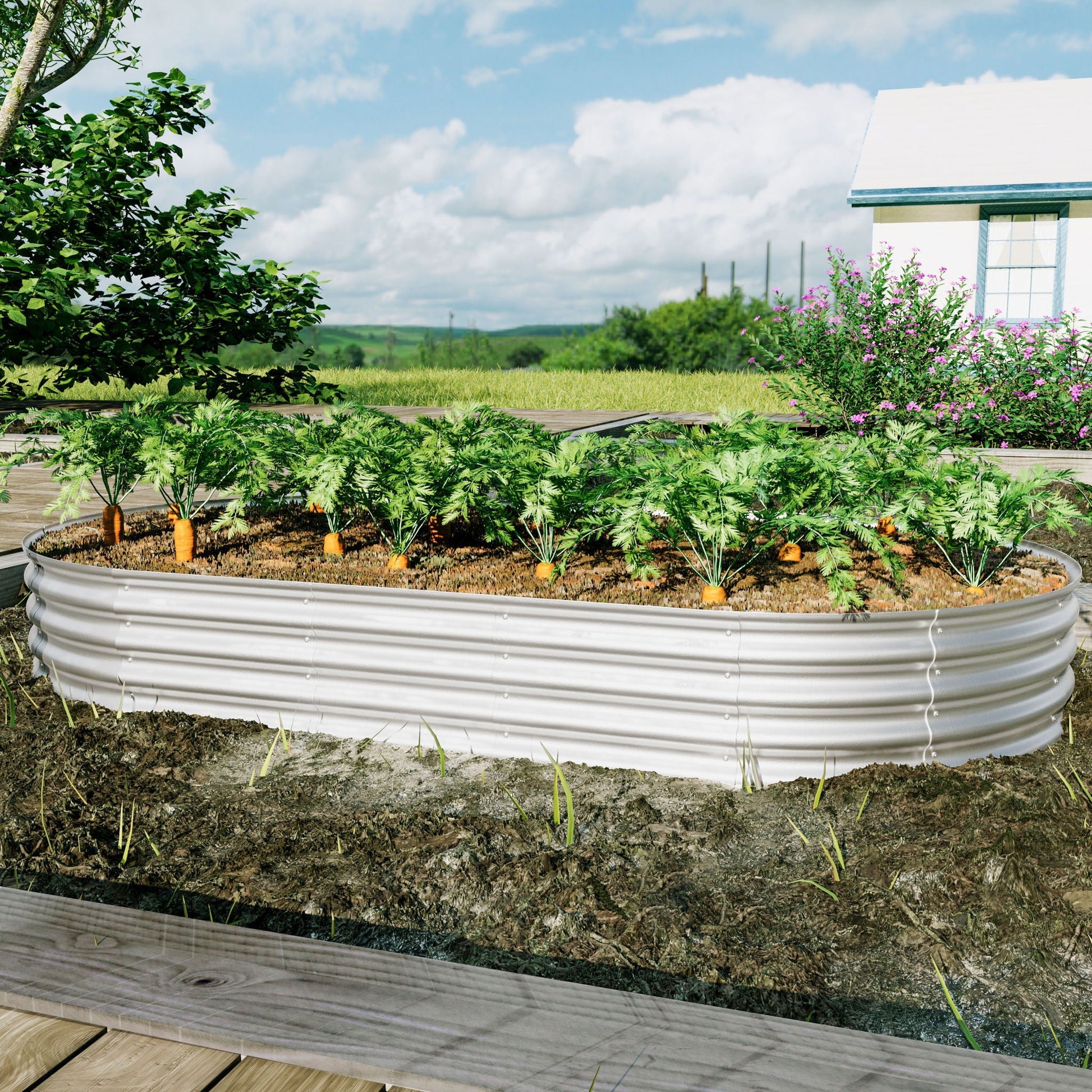 Galvanized raised garden bed kit planters round metal bed with soil and carrot plants on Tampa Home & Garden Store