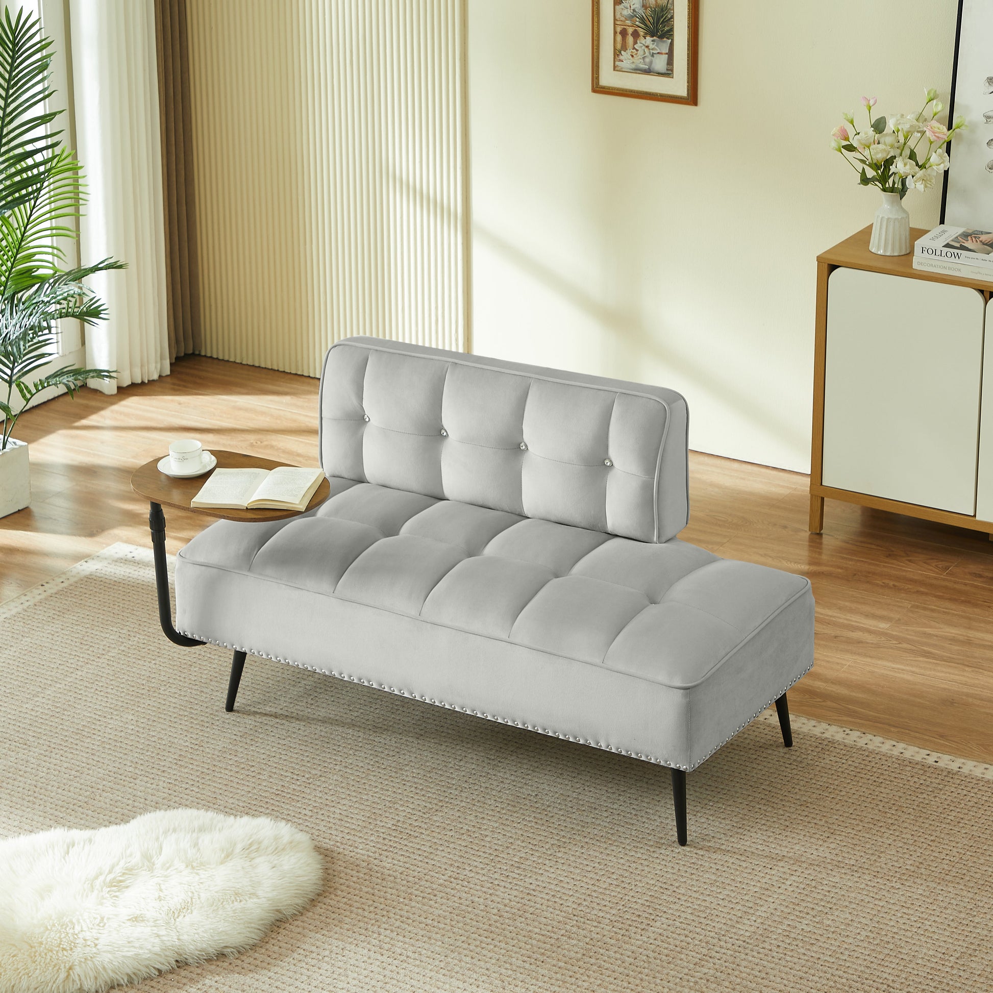 54-Inch modern velvet two-seater sofa in gray with tufted cushions and black legs, rotating table on Tampa Home & Garden Store