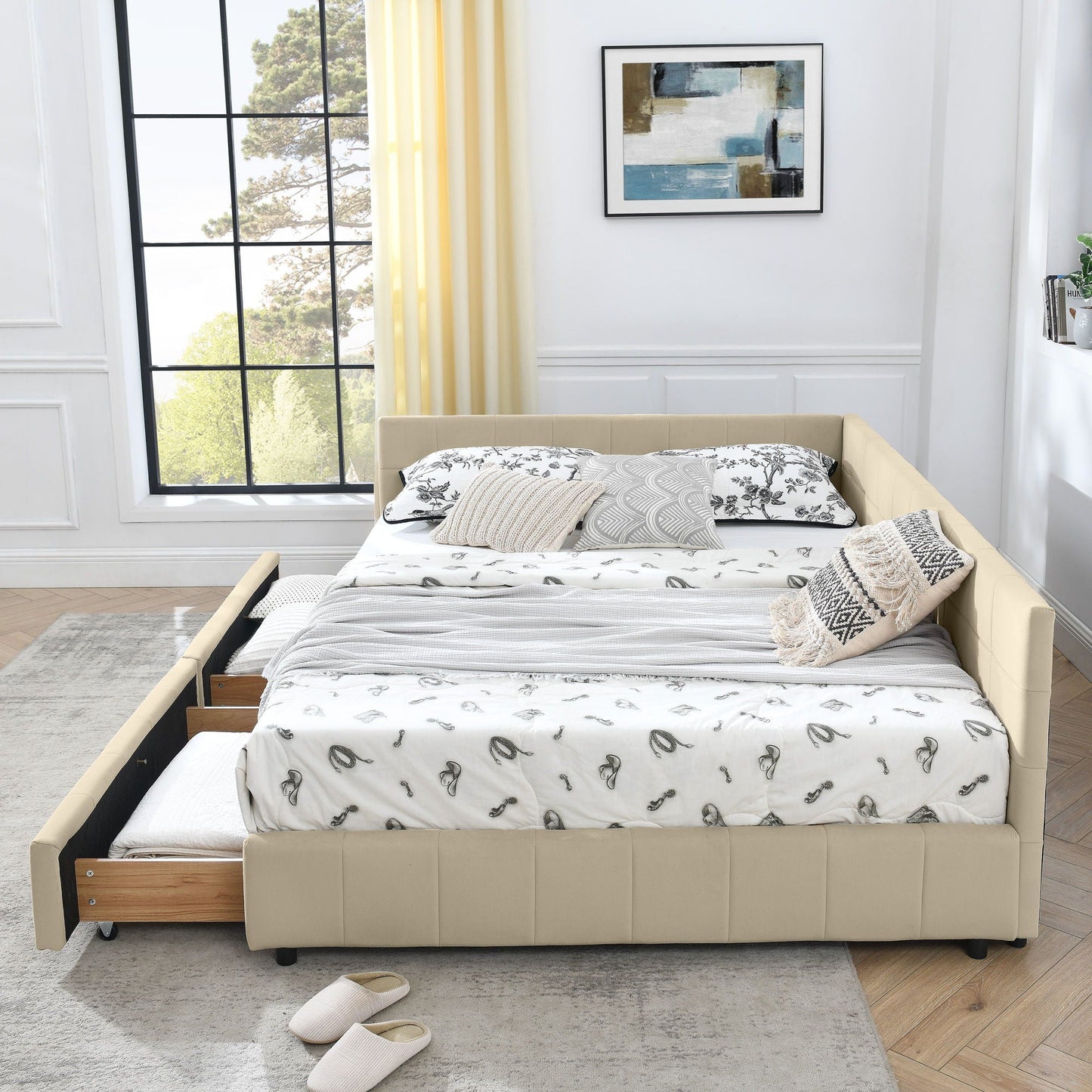 Mid Century Storage Upholstered Tufted Bed Frame