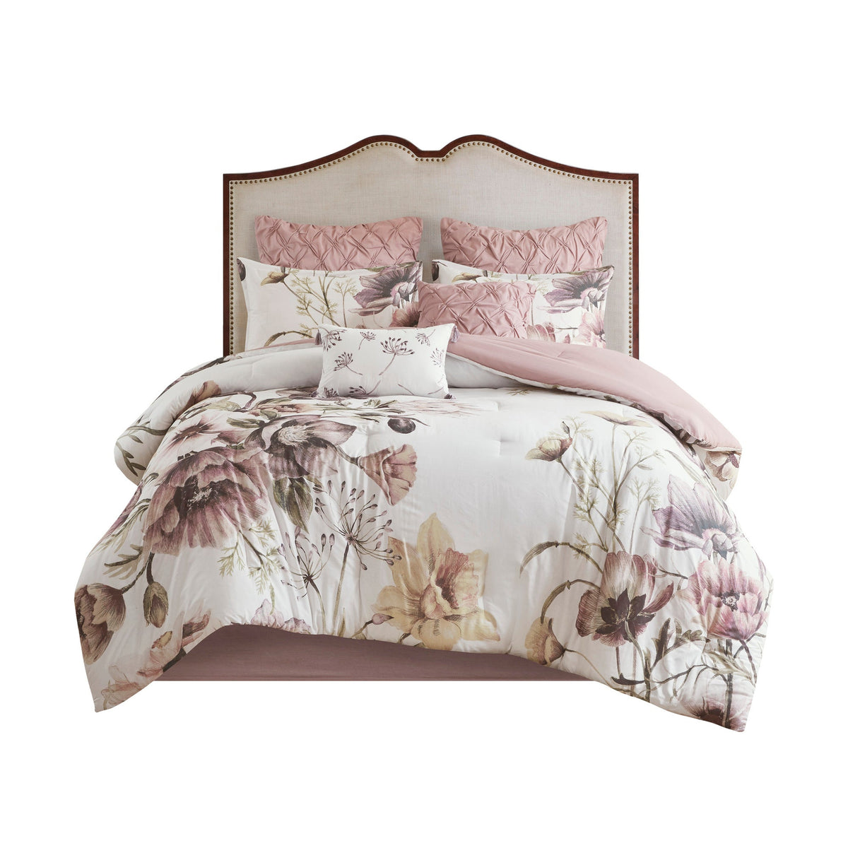 8 Piece Blush Floral Comforter and Pillowcase