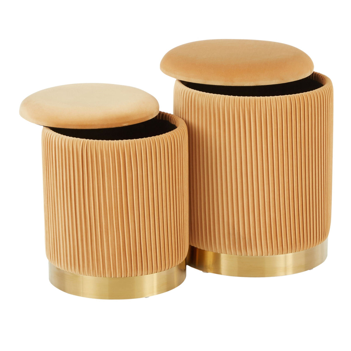 Contemporary Nesting Pleated Ottoman Set in tan fabric with gold bases, 3pc HouseOfZazla on Tampa Home & Garden Store