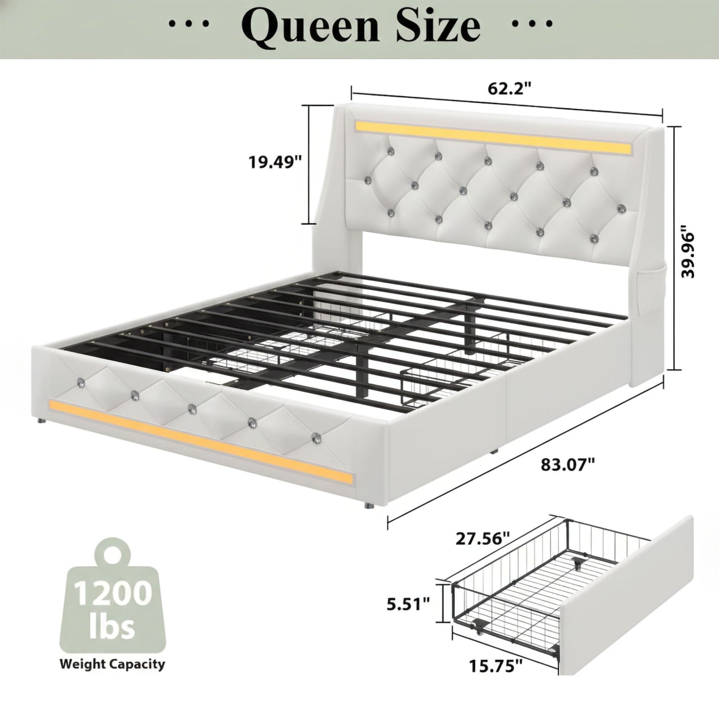 Wingback Upholstered Bed Frame Led and Usb