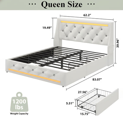 Wingback Upholstered Bed Frame Led and Usb