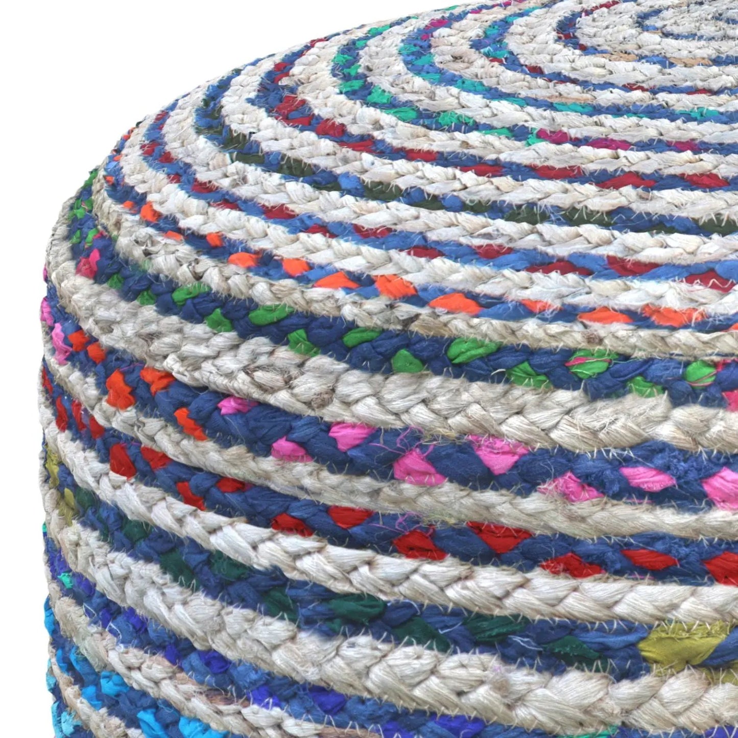 Margo Round Pouf braided jute with colorful accents blue teal red by Unique Piece Furniture on Tampa Home & Garden Store