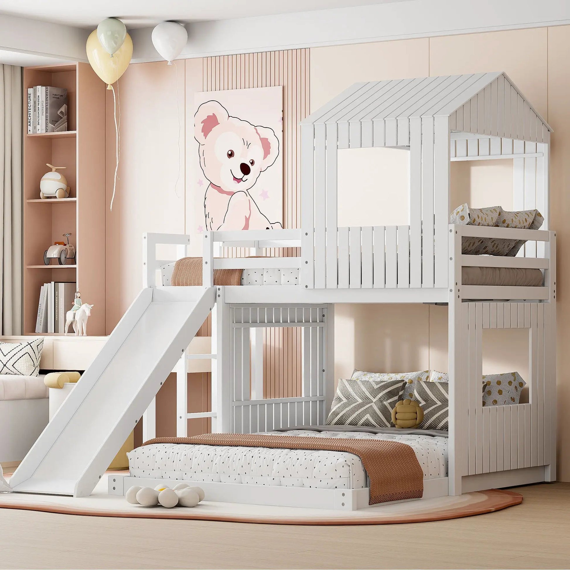 Loft Bunk Bed with Playhouse & Guardrails, white finish, slide by Unique Piece Furniture on Tampa Home & Garden Store