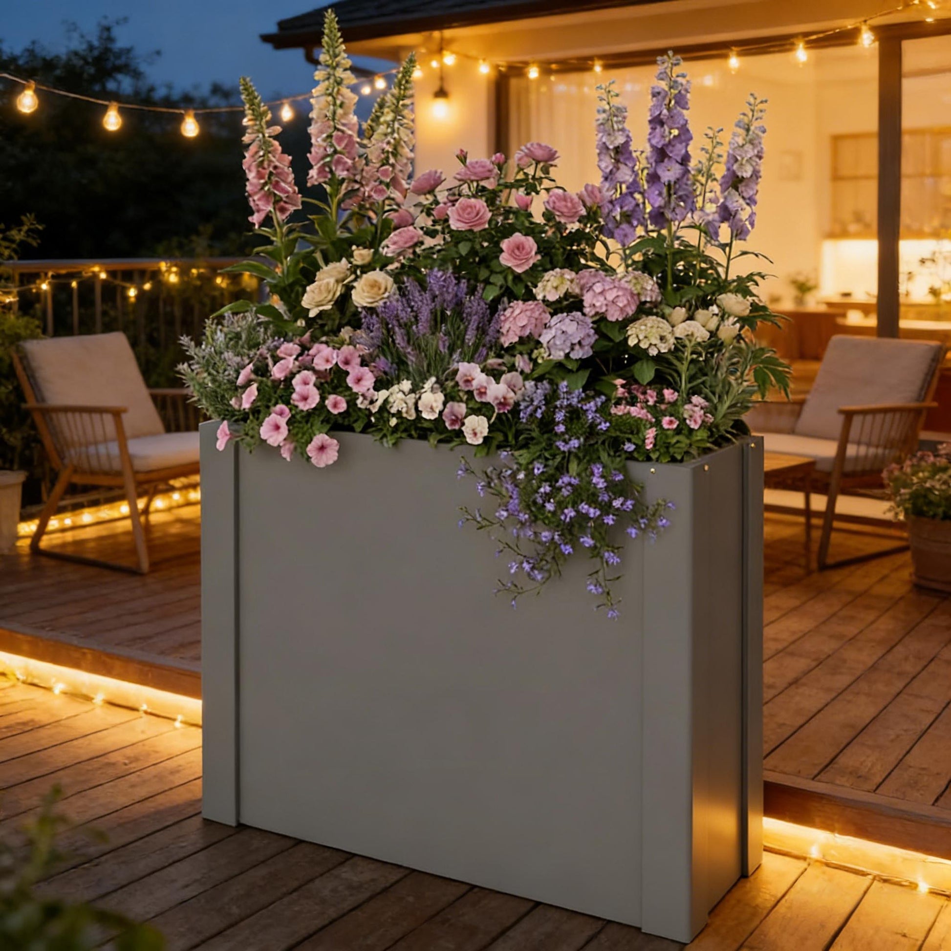 Elevated outdoor planter box filled with pink, white, and purple blooms on Tampa Home & Garden Store