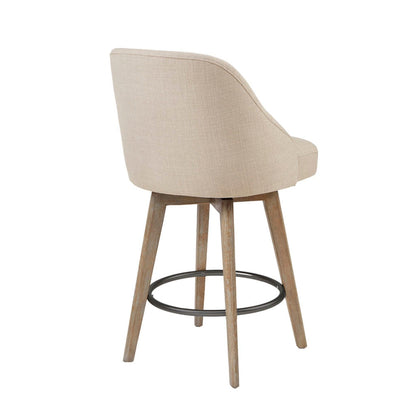 Beige fabric counter height swivel stool with curved back, wood legs, circular footrest on Tampa Home & Garden Store
