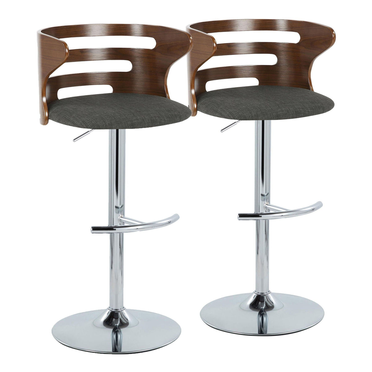 Mid Century Modern barstool set with swivel, dark gray seats and chrome footrests, 2 stools on Tampa Home & Garden Store