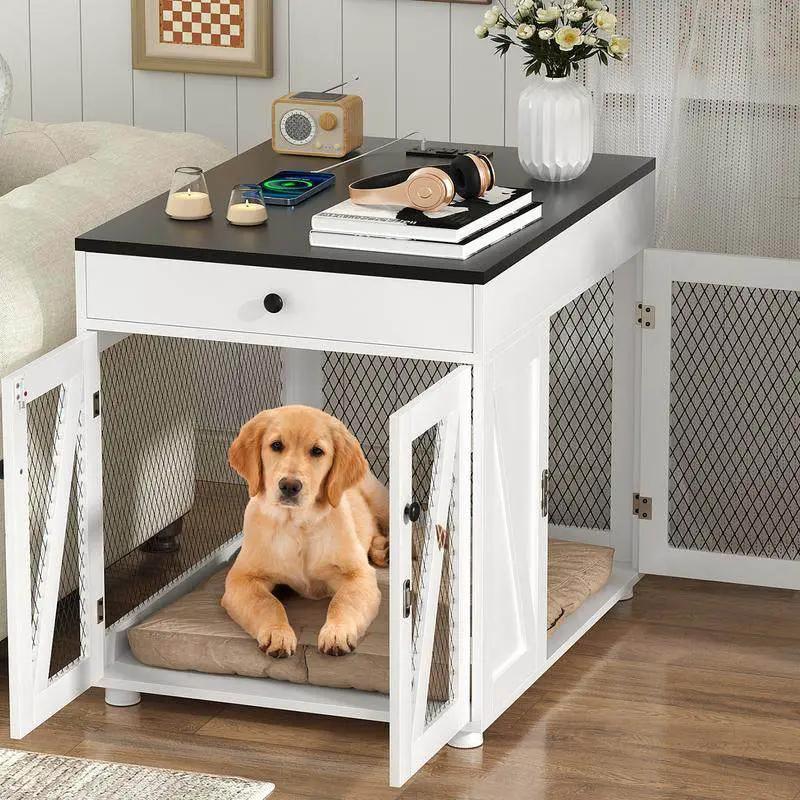 Dog Crate End Table with Drawer USB charging, white wood with black top, Max & Rex Collection on Tampa Home & Garden Store