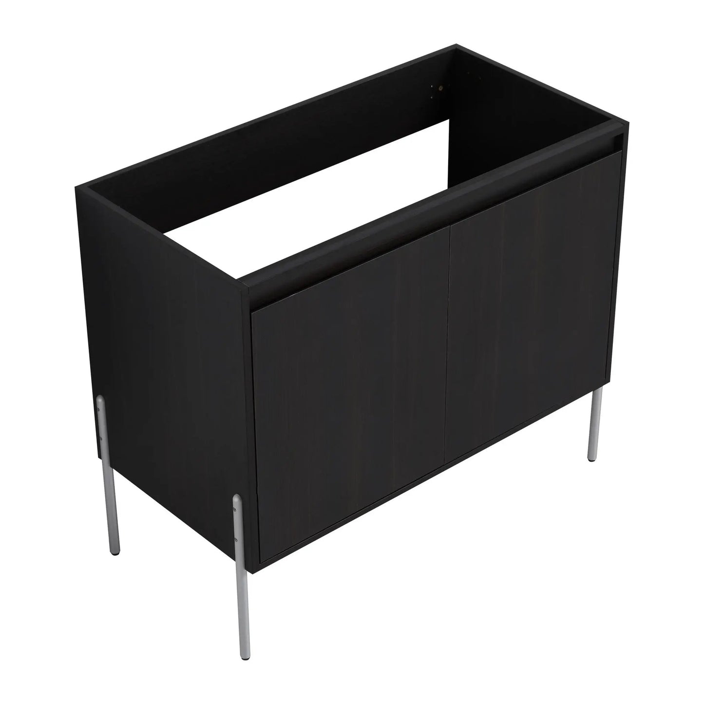 Freestanding black wood bathroom vanity with soft-close cabinet doors and slim metal legs on Tampa Home & Garden Store