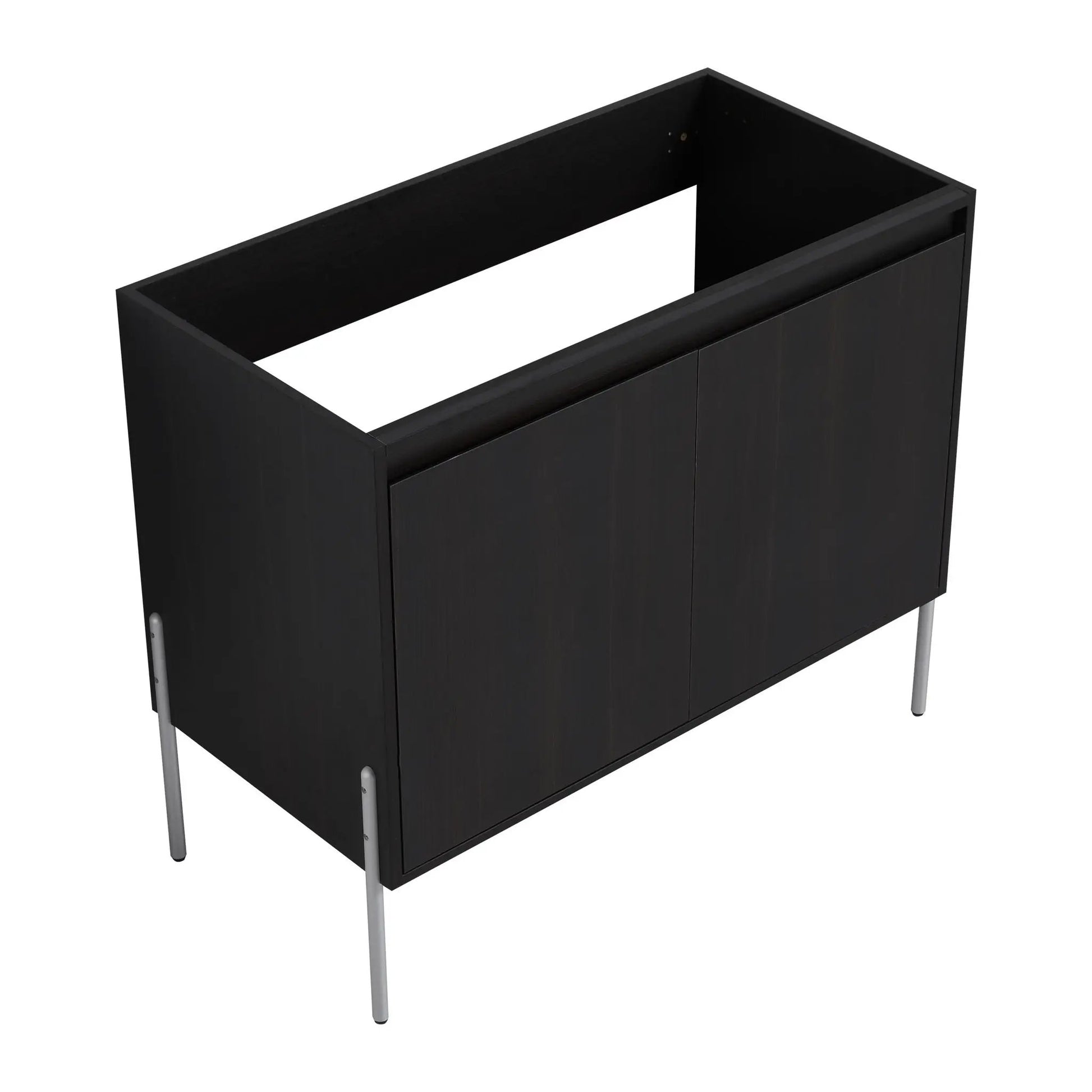 Freestanding black wood bathroom vanity with soft-close cabinet doors and slim metal legs on Tampa Home & Garden Store